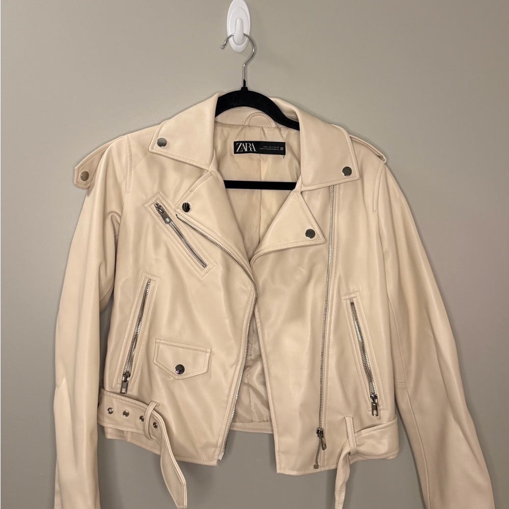 Zara Cream Faux Leather Moto Jacket